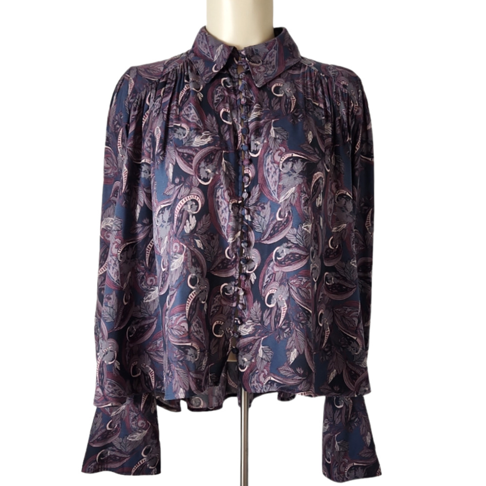 Free People Modern Muse Swing Top Sz XS Purple Gray Paisley Loop Buttons Hi-Low